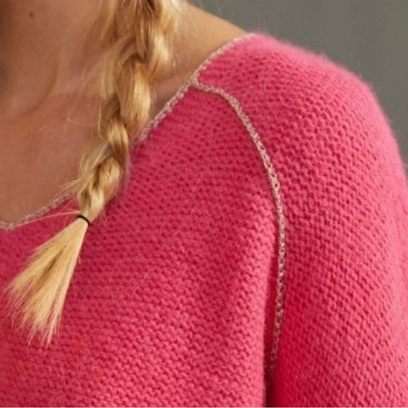 By Anthropologie Hot Pink Sweater With Gold Trim Size Medium - Picture 3 of 9